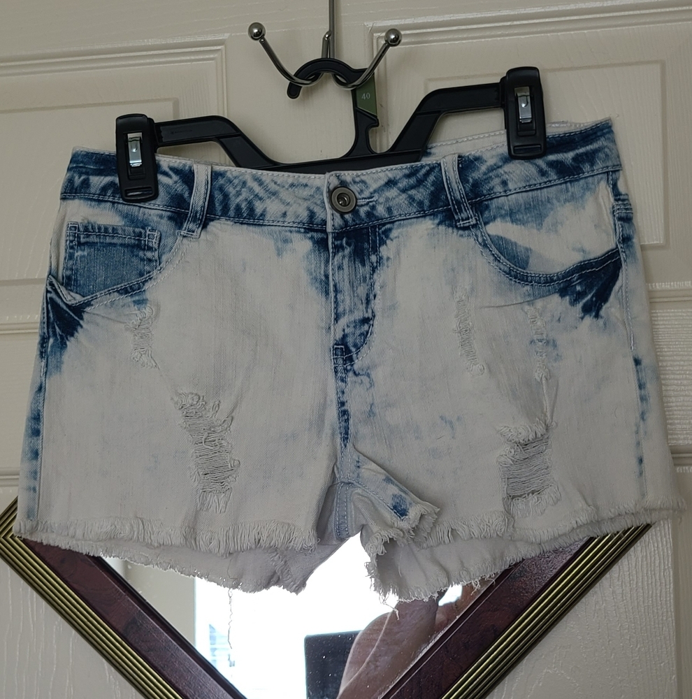 Fire Los Angeles Distressed White and Blue Jean Shorts